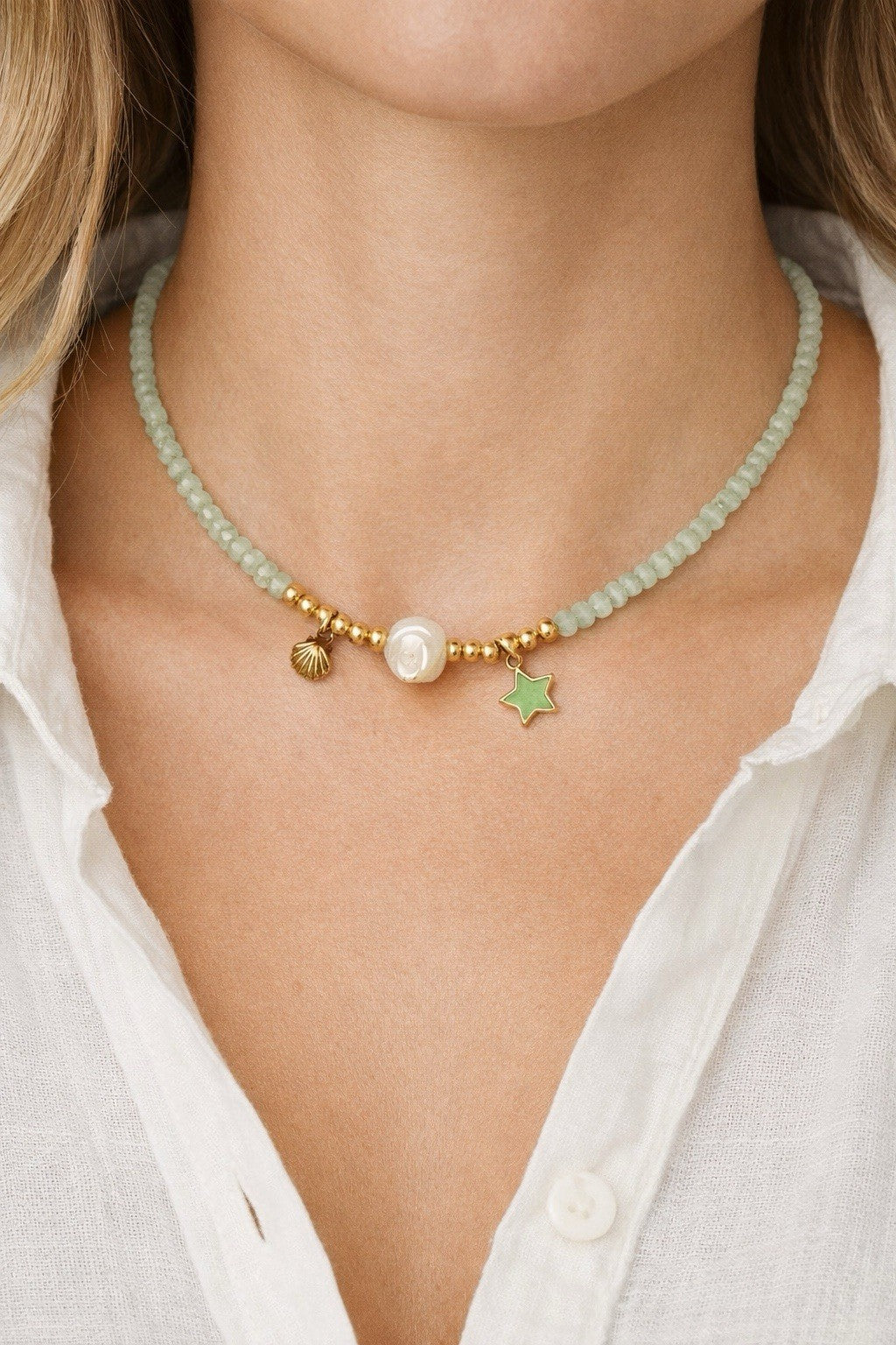 Handmade Green Beaded Charm Necklace Gold Star Shell Jewelry1