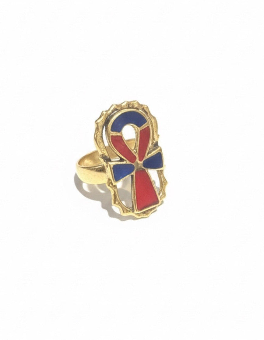 Egyptian Ankh Life Symbol Blue Red Enamel Gold Plated Brass Adjustable Ring0