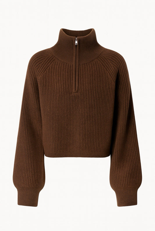 Brown Half Zipper High Collar Women’s Knit Sweater  0