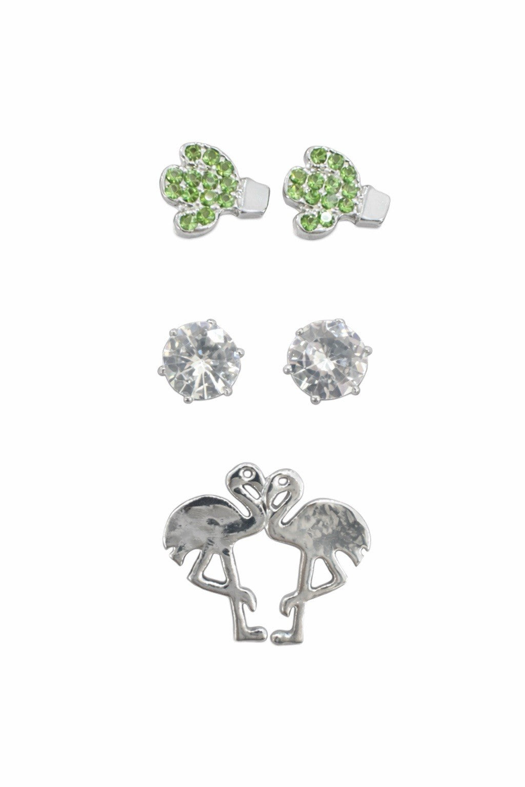 3 Pair Sud Earrings Stainless Steel Crystal Cactus Flamingo Stud Earrings Set0