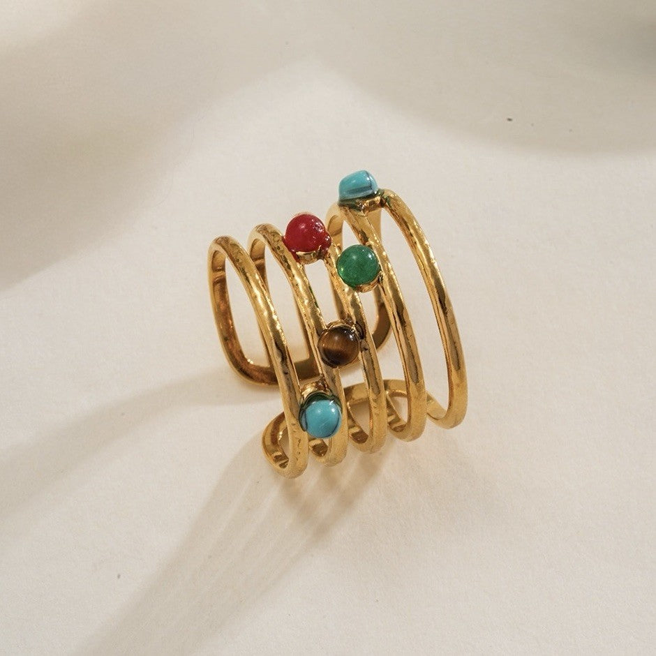 Gold Plated Stainless Steel Multicoloured Stones Open Adjustable Ring0