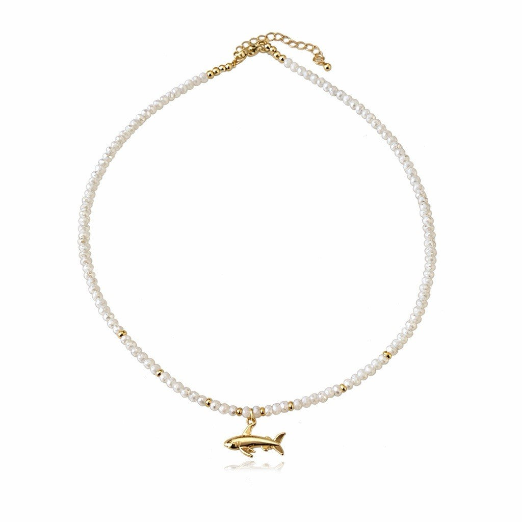 Handmade White Beaded Charm Necklace Gold Shark Pendant Jewelry0