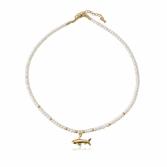 Handmade White Beaded Charm Necklace Gold Shark Pendant Jewelry0