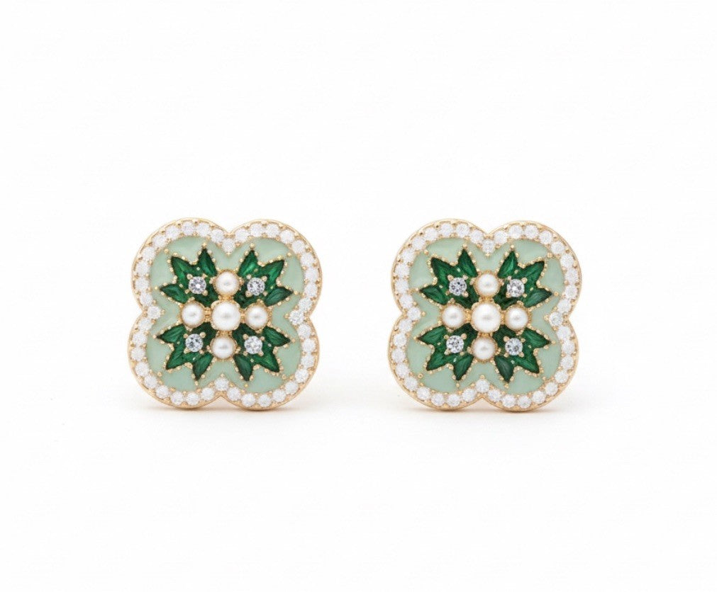 Gold Plated Quatrefoil Green With Pearls And Rhinestones Stud Earrings0