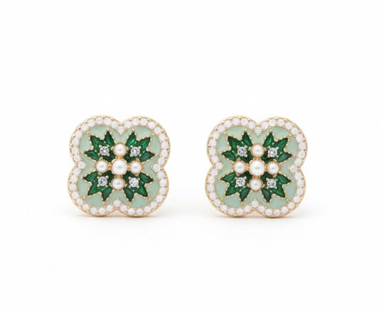 Gold Plated Quatrefoil Green With Pearls And Rhinestones Stud Earrings0