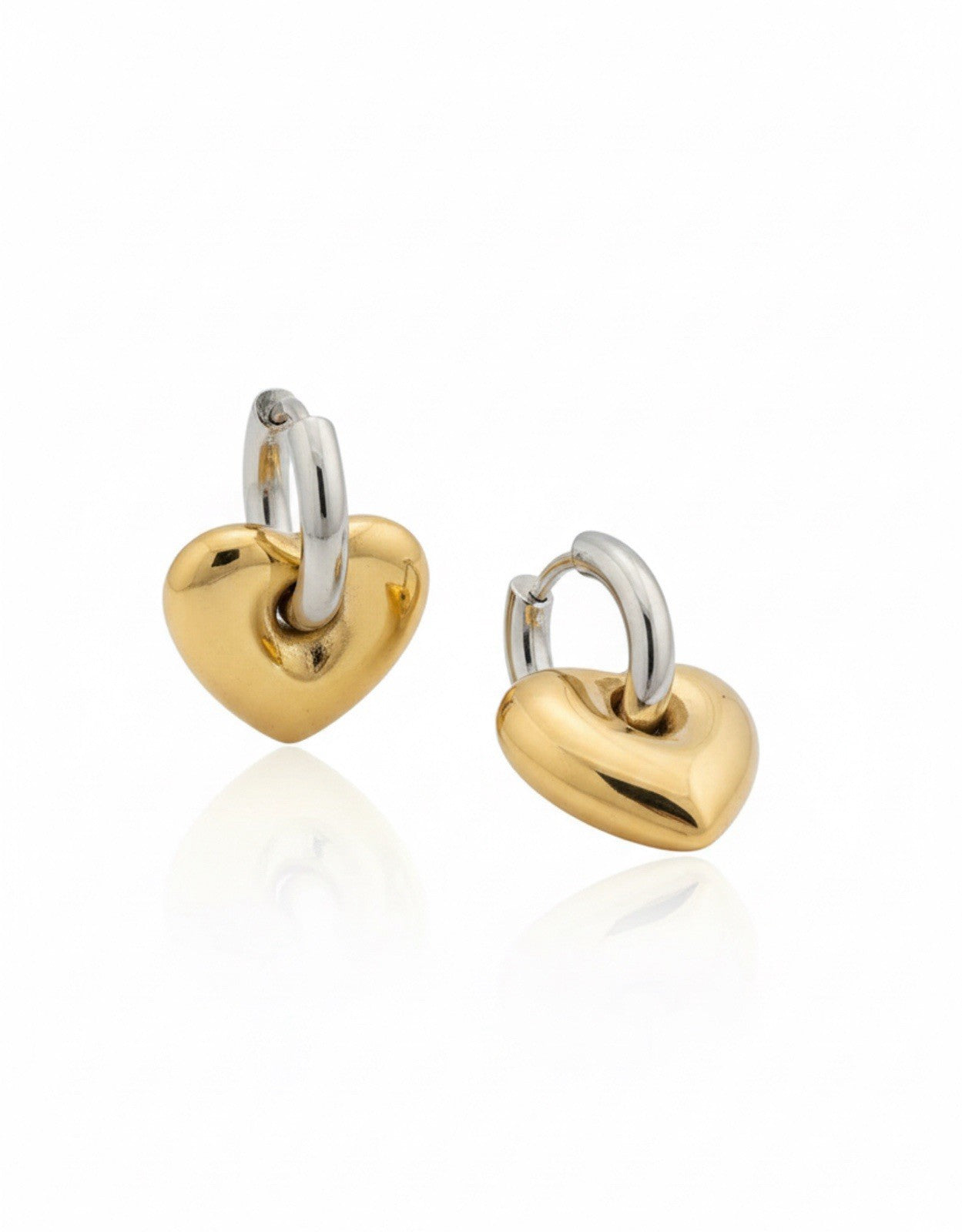 Silver Stainless Steel Gold Puffy Heart Charm Hoop Earrings0