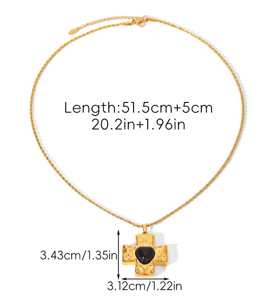 Gold Plated Stainless Steel Black Stone Cross Pendant Necklace1