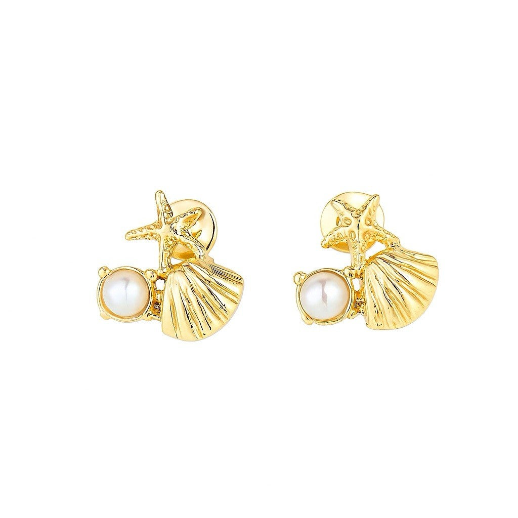 Gold Plated Starfish Shell Pearl Mini Stud Earrings0