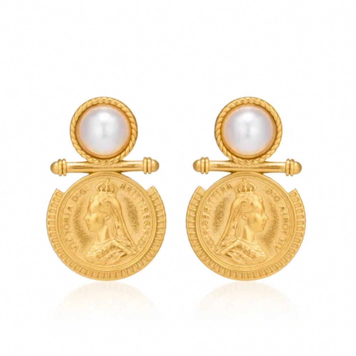 Gold Plated Titanium Steel Vintage Victorian Style Coin Pearl Dangle Earrings0