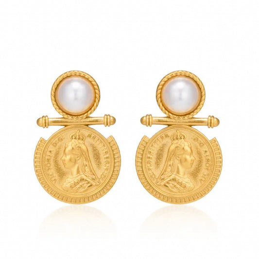 Gold Plated Titanium Steel Vintage Victorian Style Coin Pearl Dangle Earrings0