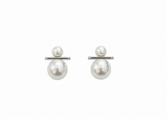 Silver Plated Sterling Silver Bar & Double Pearls Stud Earrings0