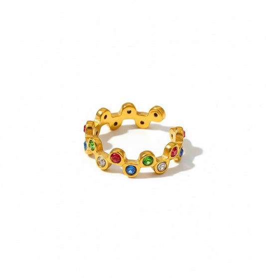 Gold Stainless Steel Multicolored Cubic Zirconia Scalloped Adjustable Wave Ring0