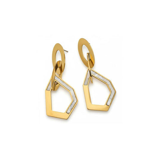 Gold Plated Stainless Steel Geometric Hexagon White Shell Inla Drop Earrings