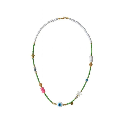 Multicolored Beaded Natural Stones Evil Eye Stainless Steel Necklace