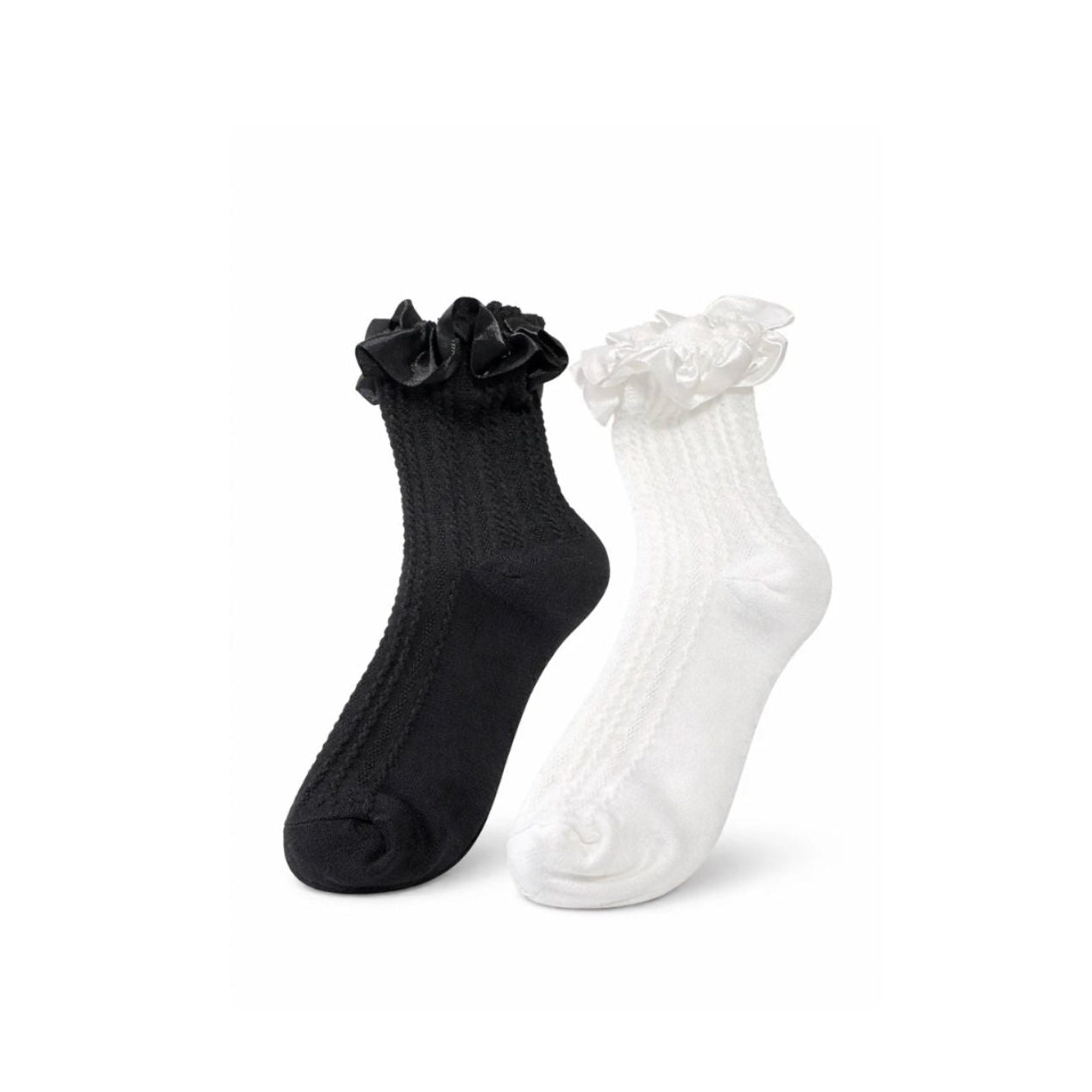 Women’s Ruffle Ankle Socks Satin Trim Frilly Vintage Style Black And White Set
