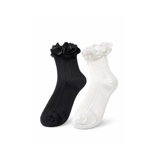 Women’s Ruffle Ankle Socks Satin Trim Frilly Vintage Style Black And White Set