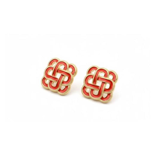 Red Gold Celtic Knot Enamel Square Stud Statement Earrings