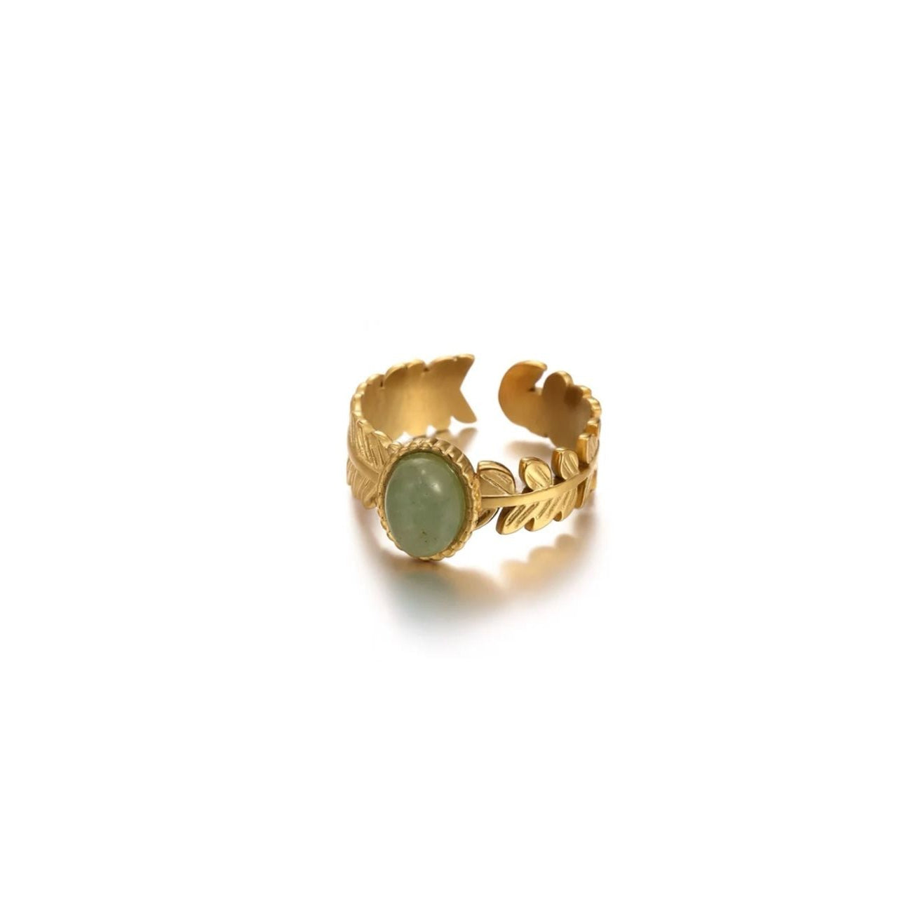 Gold Plated Stainless Steel Green Oval Gemstone Open Adjustable Leaves Ring