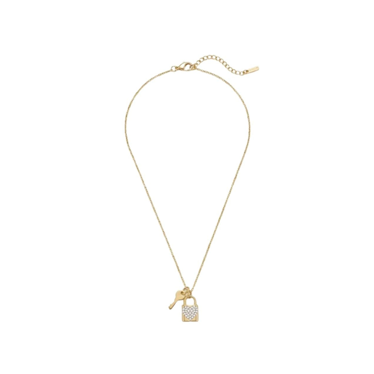 Gold Stainless Steel Lock Key Rhinestones Pendant Necklace