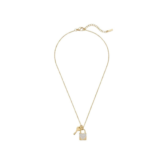 Gold Stainless Steel Lock Key Rhinestones Pendant Necklace