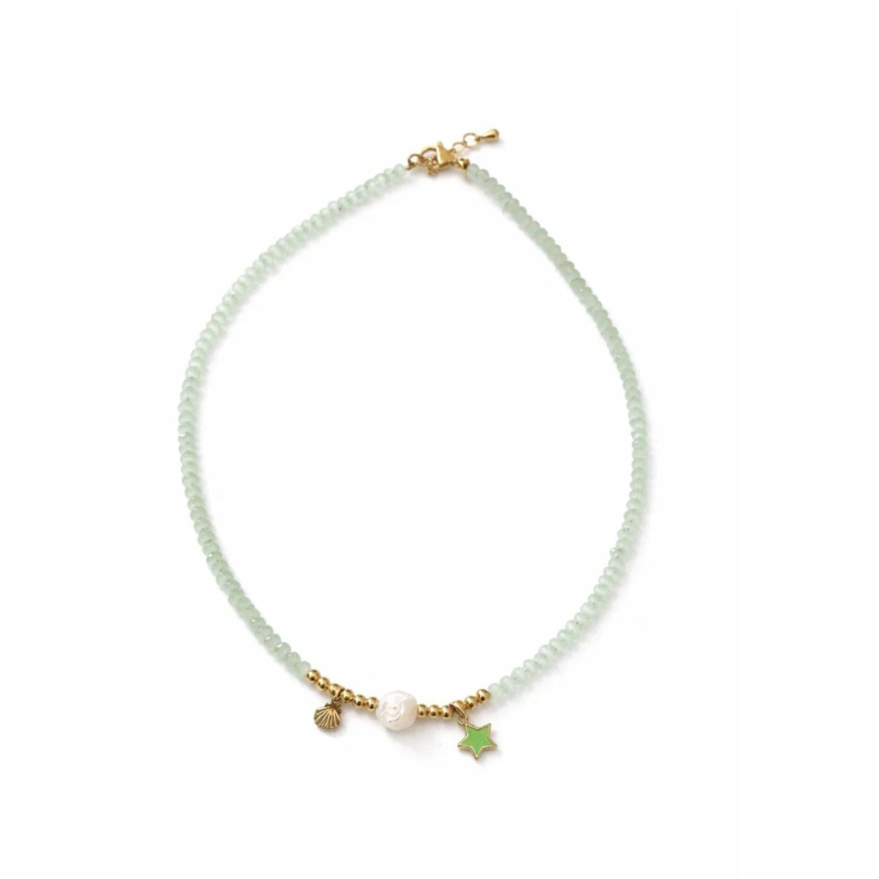 Handmade Green Beaded Charm Necklace Gold Star Shell Jewelry