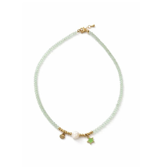 Handmade Green Beaded Charm Necklace Gold Star Shell Jewelry
