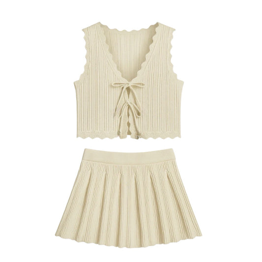 Pastel Yellow Floral Hand Beaded Top And Matching Knit Short Skirt Set