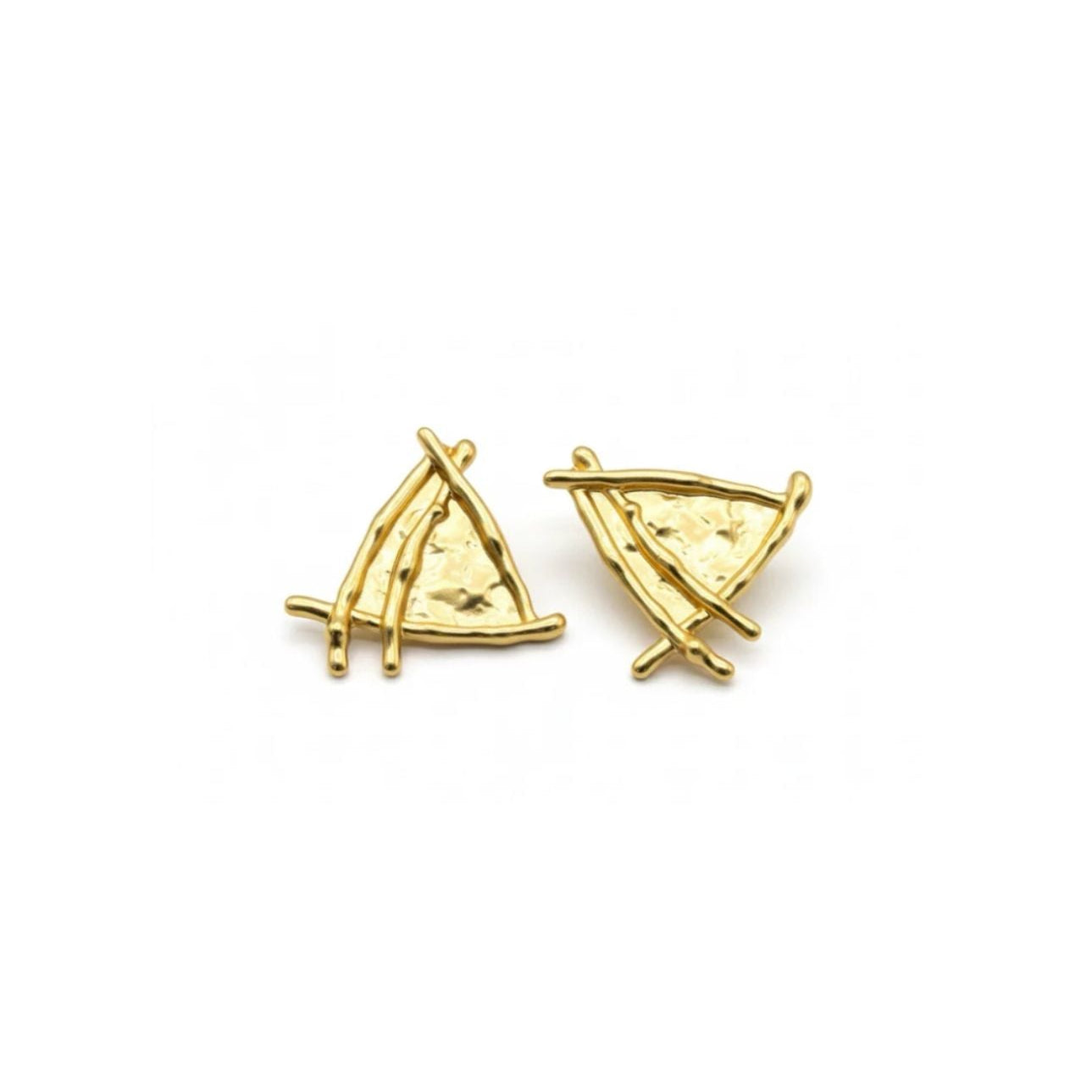 Gold Tone Triangle Matte Hammered Textured Abstract Bar Stud Earrings