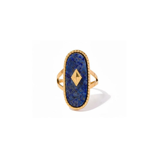 Gold Stainless Steel Semi Precious Lapis Lazuli Statement Oval Adjustable Ring