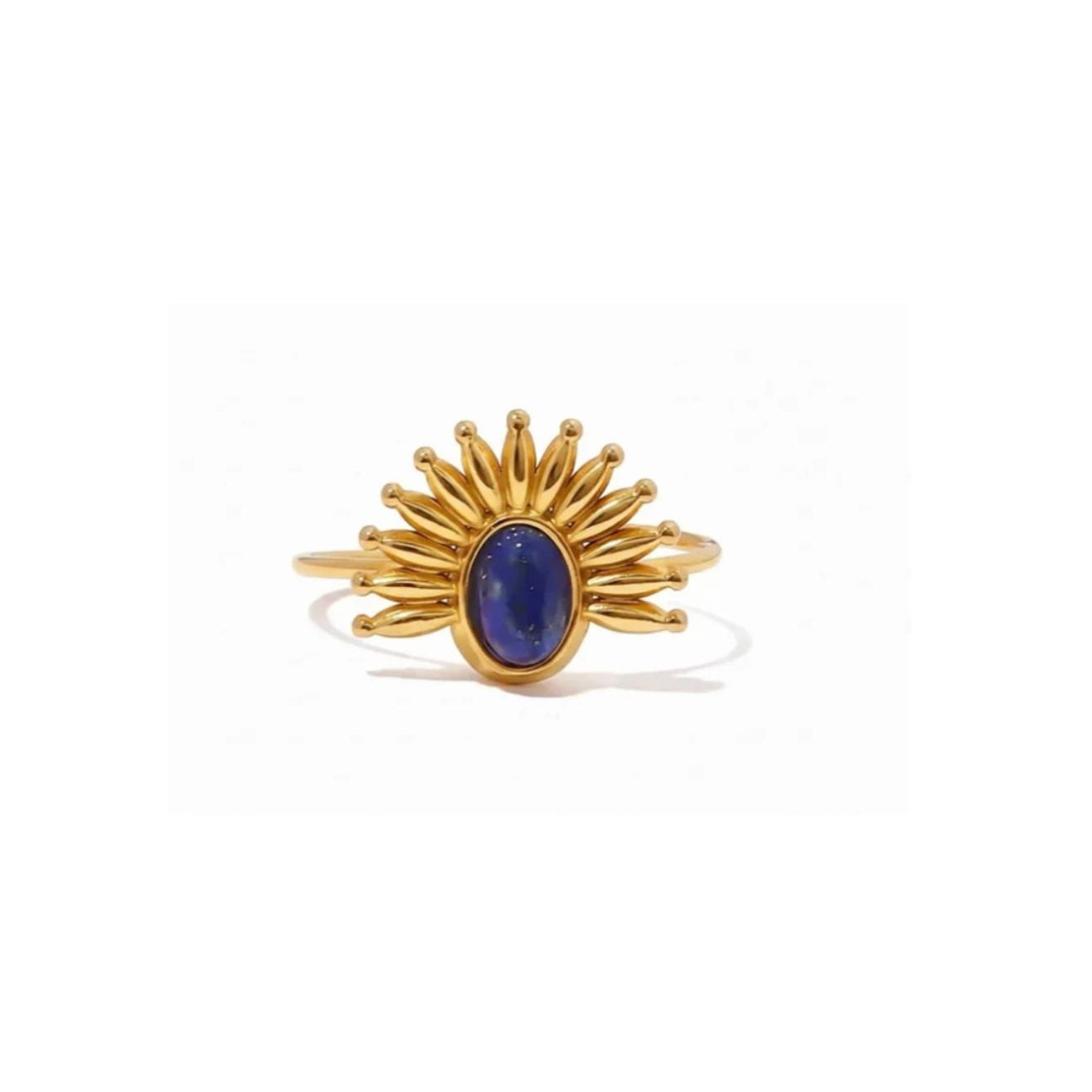 Gold Stainless Steel Semi Precious Lapis Lazuli Sunburst Adjustable Ring