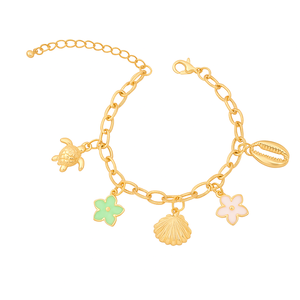 Gold Stainless Steel Colorful Flowers Shells And Beach Charms Bracelet