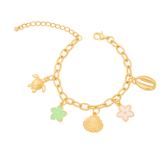 Gold Stainless Steel Colorful Flowers Shells And Beach Charms Bracelet
