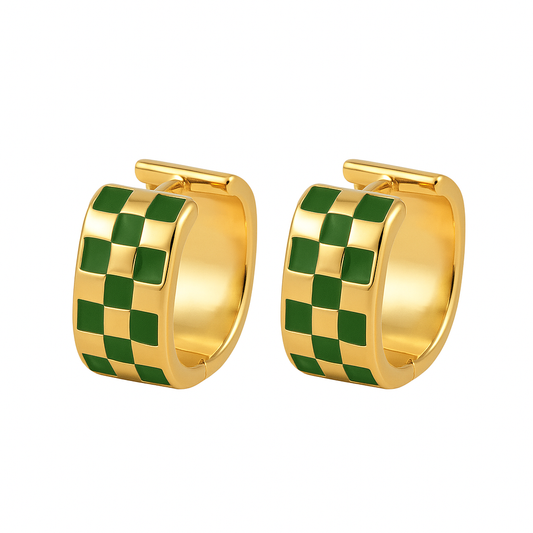14k Gold Plated Green Check Square Shape Hoop Earrings