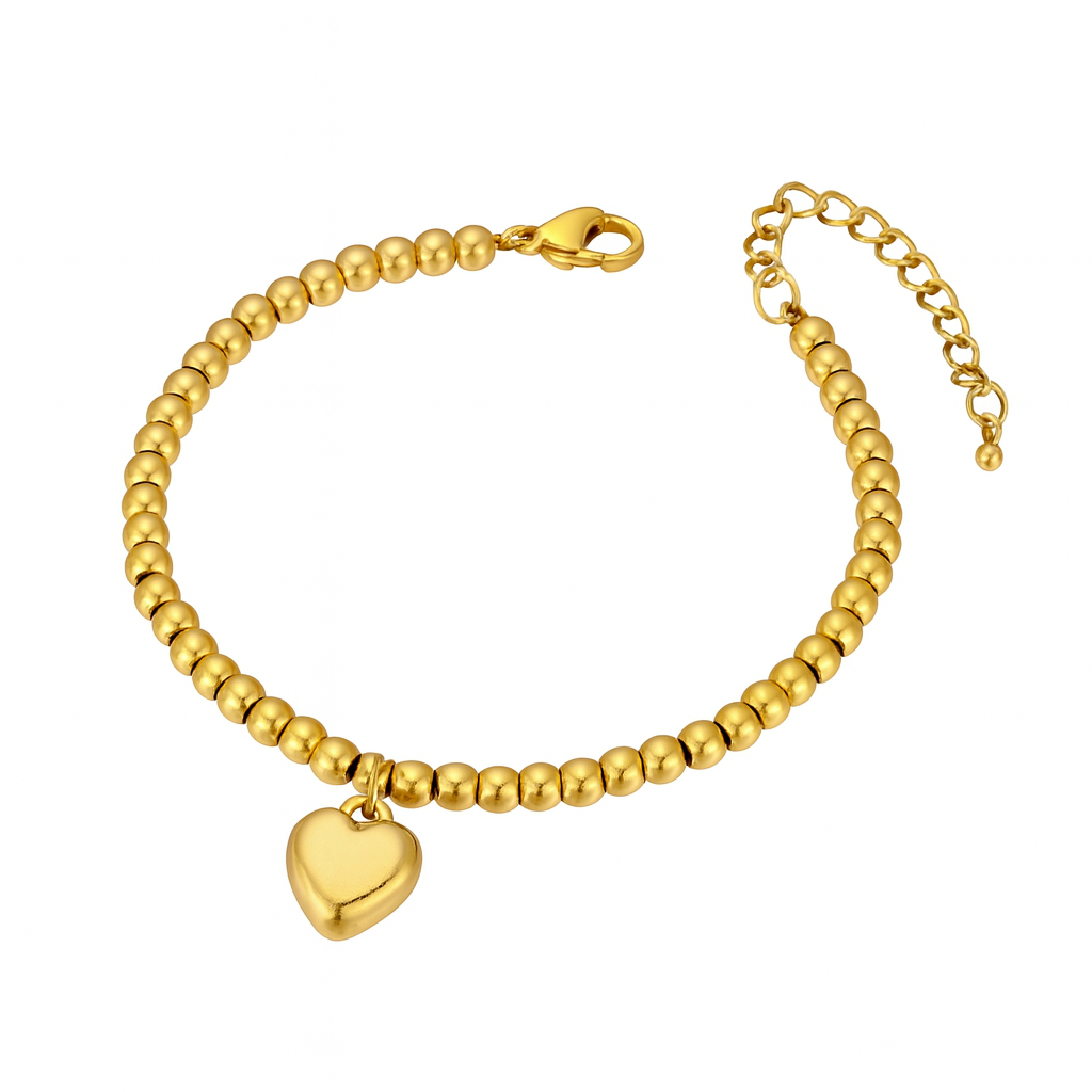 Gold Titanium Steel Beaded Heart Charm Bracelet