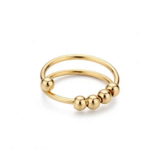 Gold Plated Double Band Spinning Beads Fidget Adjustable Ring