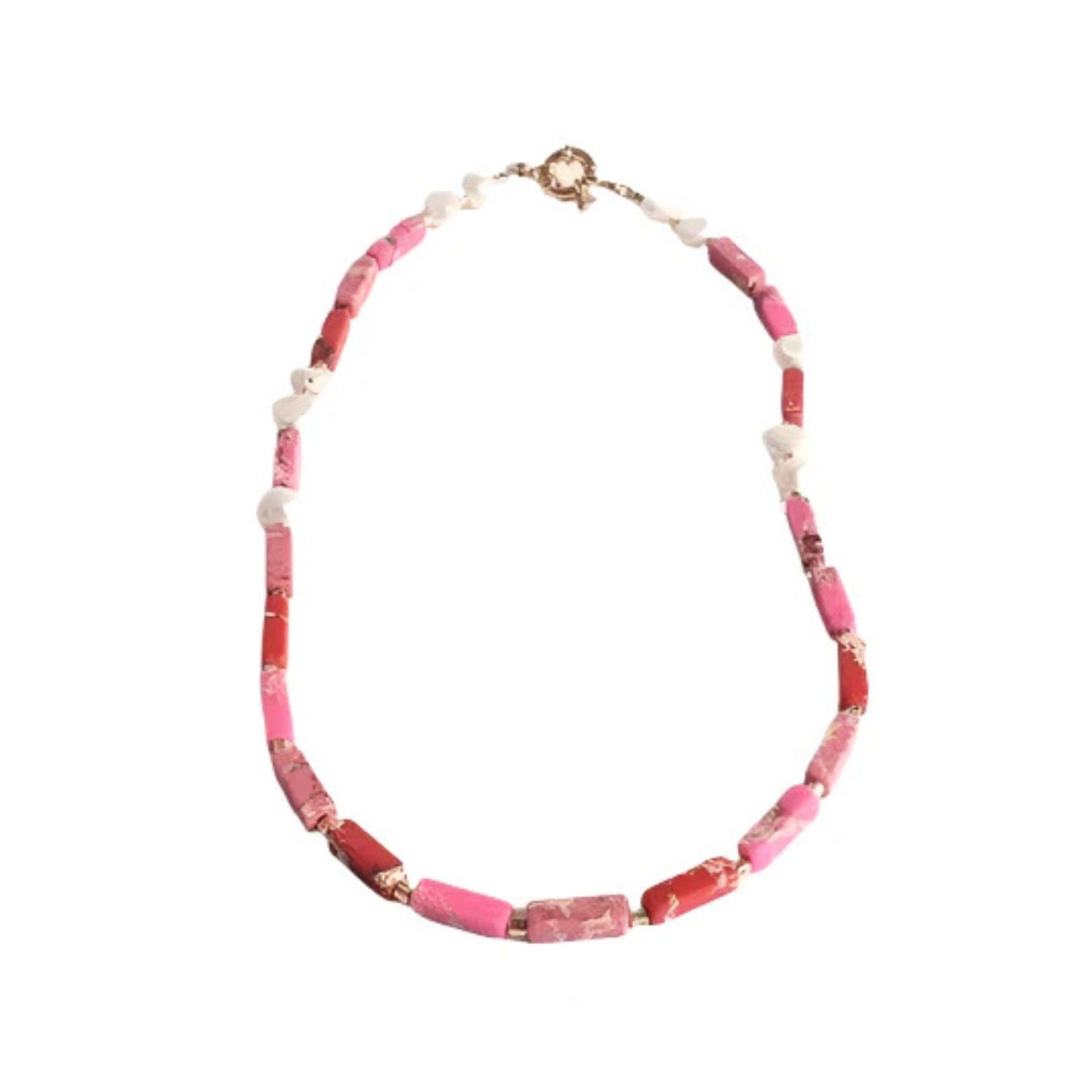 Pink Natural Stones And Precious Pearls With Gold Details Necklace