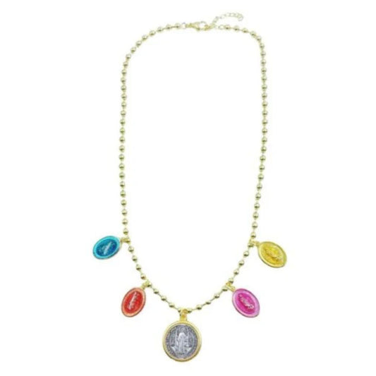 Gold Plated St. Benedict And Virgin Mary Multicolored Pendants Retro Style Necklace