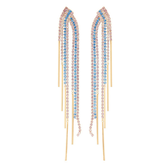 Gold, Blue and Lavender Rhinestones Tassel Drop Earrings