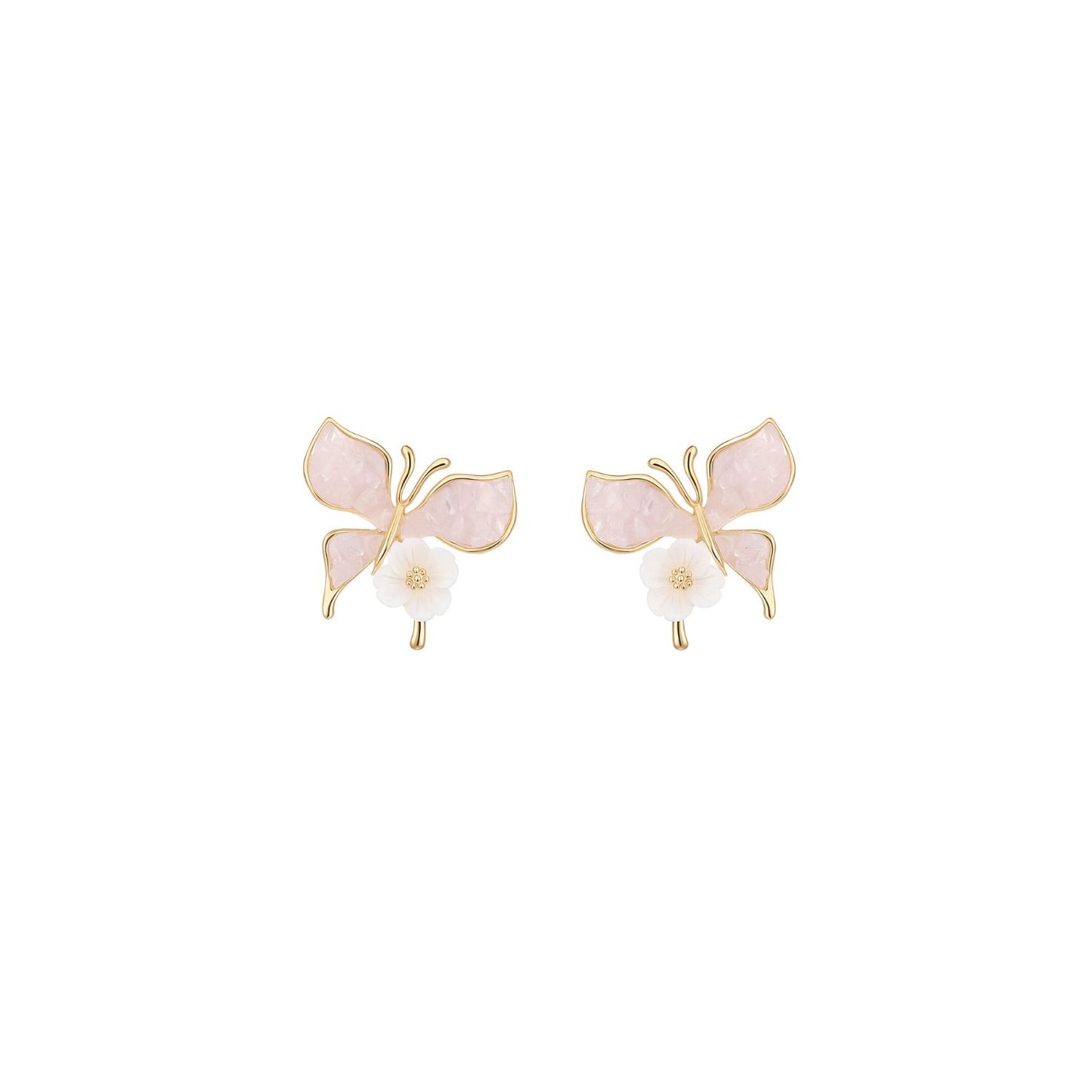 Powder Pink Glass Stones Gold Floral Butterfly Stud Earring
