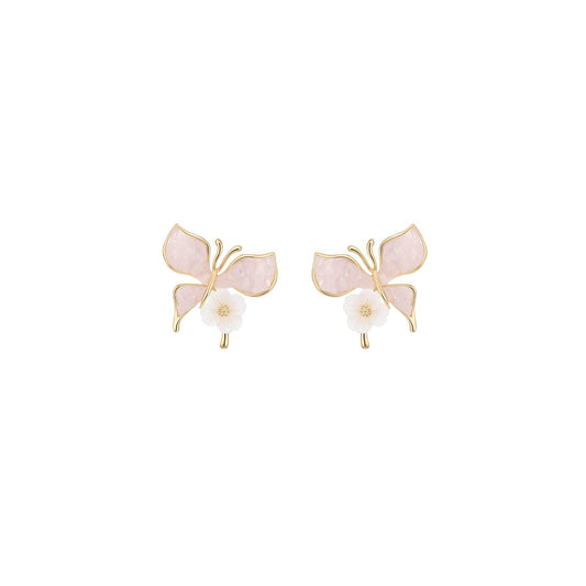 Powder Pink Glass Stones Gold Floral Butterfly Stud Earring