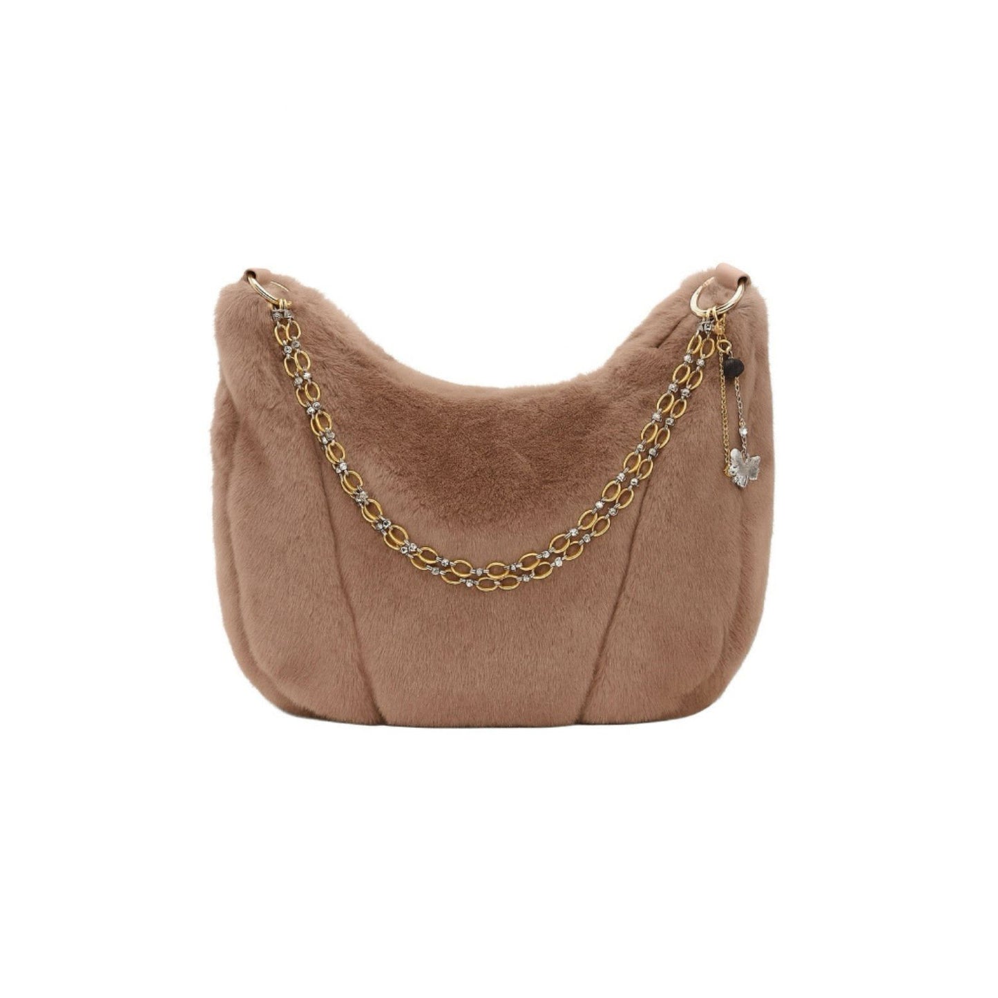 Beige Handmade Faux Fur Shoulder Chains And Semi Precious Stone Charm Purse