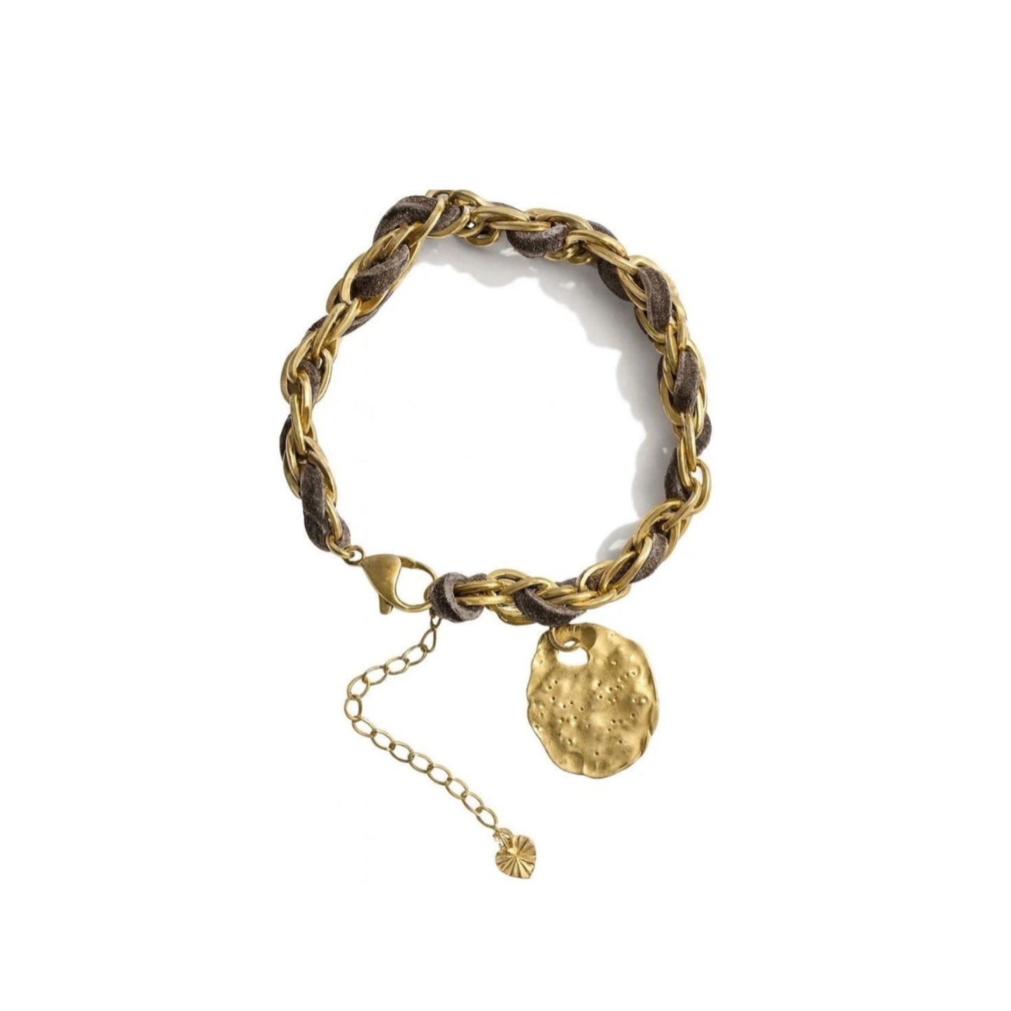 Handmade Gold Plated Stainless Steel Weaved Brown Faux Suede Charm Bracelet