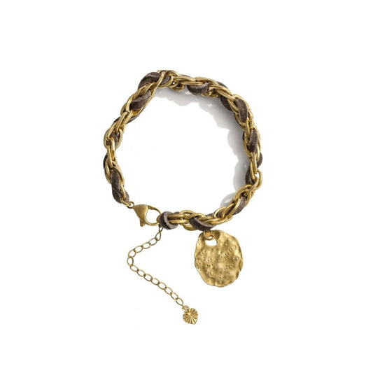 Handmade Gold Plated Stainless Steel Weaved Brown Faux Suede Charm Bracelet