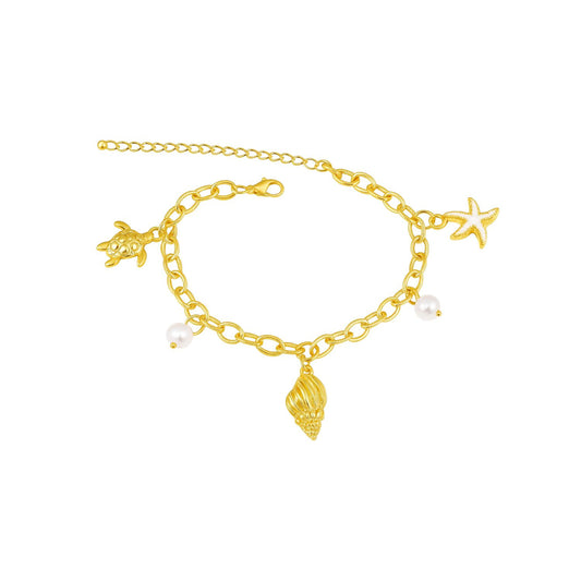 Gold Stainless Steel Pearls And Beach Charms Bracelet
