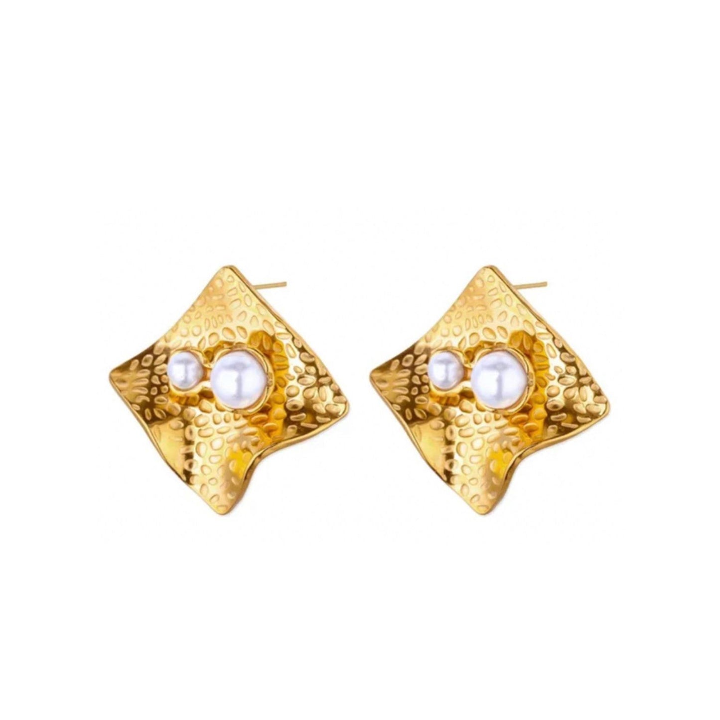 Gold Plated Copper Vintage Style Pearls Square Stud Earrings