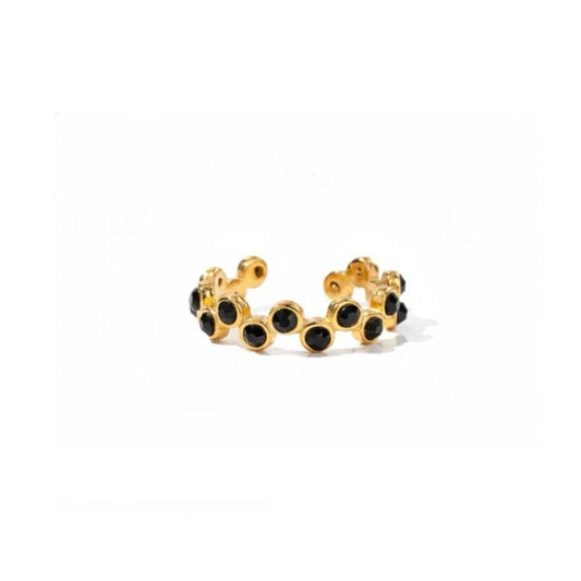 Gold Stainless Steel Black Cubic Zirconia Scalloped Adjustable Wave Stack Ring