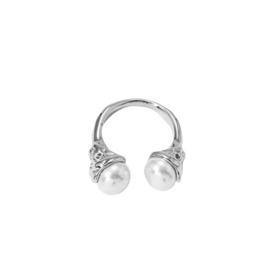 Silver Stainless Steel Open Bypass Ring With Double Faux Pearl Stones