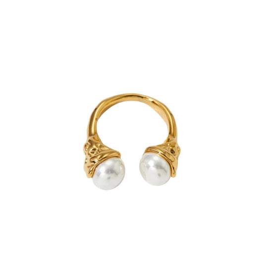 Gold Stainless Steel Open Bypass Ring With Double Faux Pearl Stones