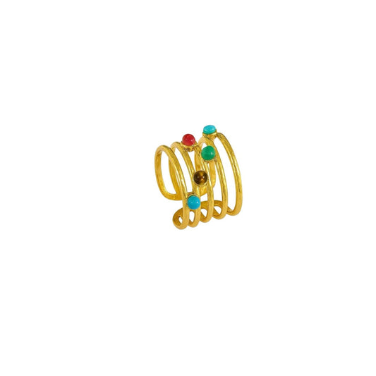 Gold Plated Stainless Steel Multicolored Stones Open Adjustable Ring