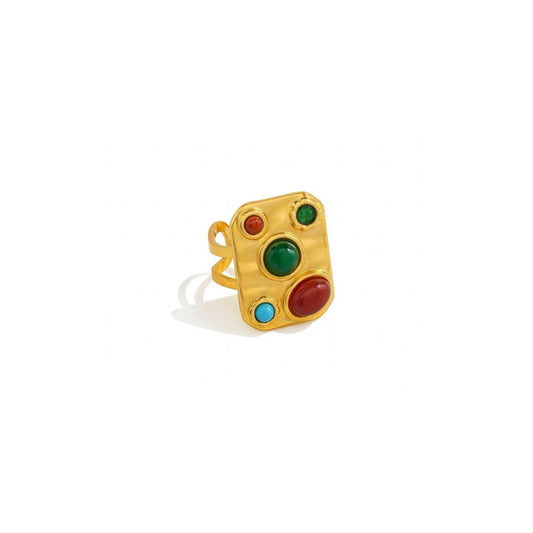 Gold Plated Stainless Steel Multicolored Stones Adjustable Rectangular Ring